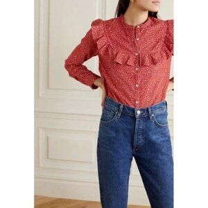 DOEN Austen Women’s Corduroy Button Down Ruffle Blouse size M Burgundy Romantic